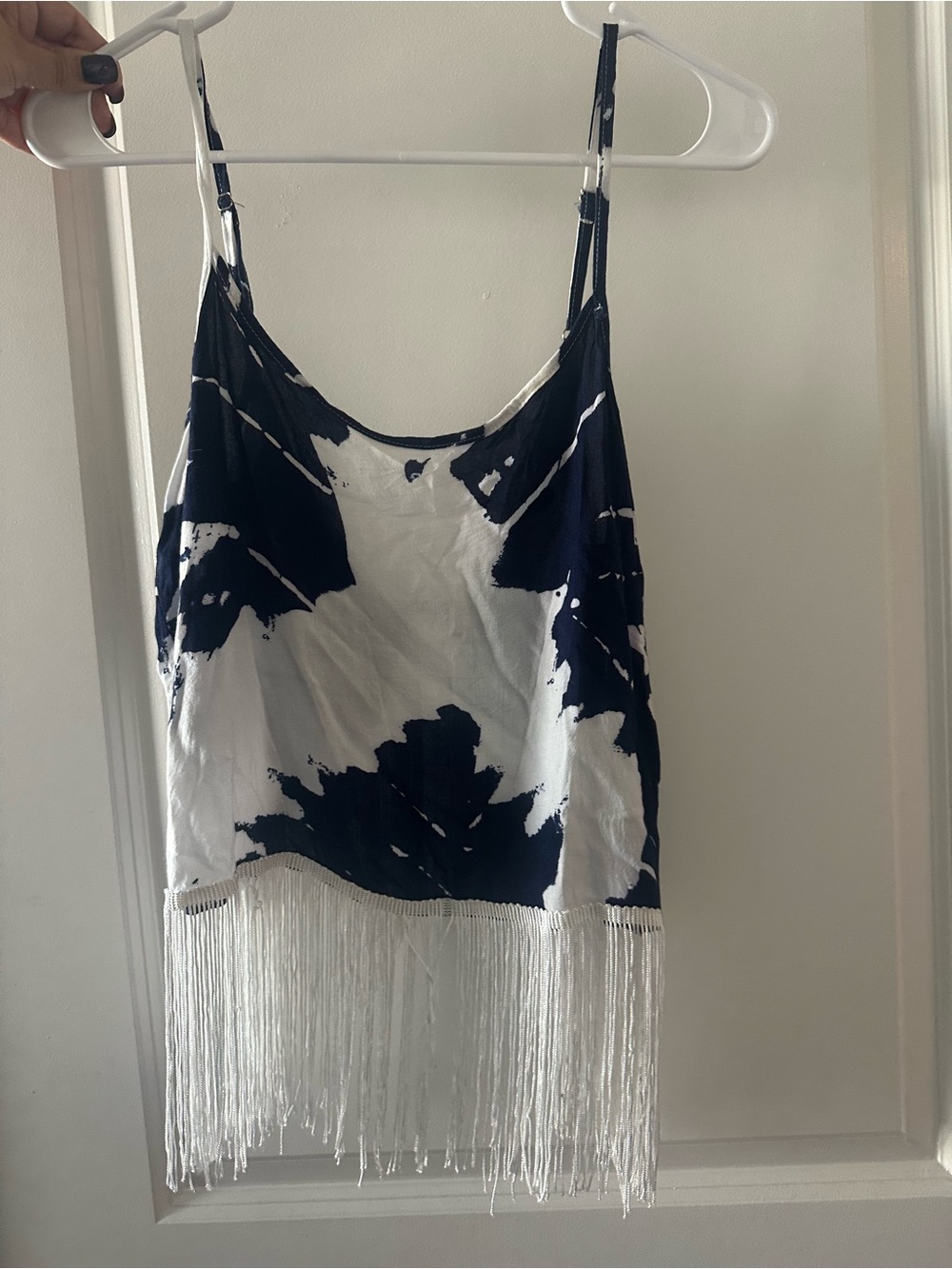 Fringed Navy & White Tie-Dye Spaghetti Strap Tank Top